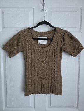 Old Navy Y2K Cable Knit Short Sleeve Sweater Cotton Lambswool Brown XS Preppy
